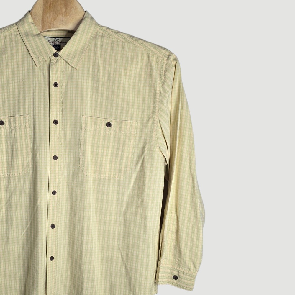 Tommy Bahama Mens XL Silk Plaid Long Sleeve Button Up Shirt Green Yellow Pockets